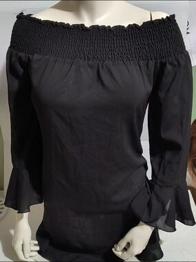 CBR Black Off-Shoulder Smocked Neck Blouse with Flared Cuffs